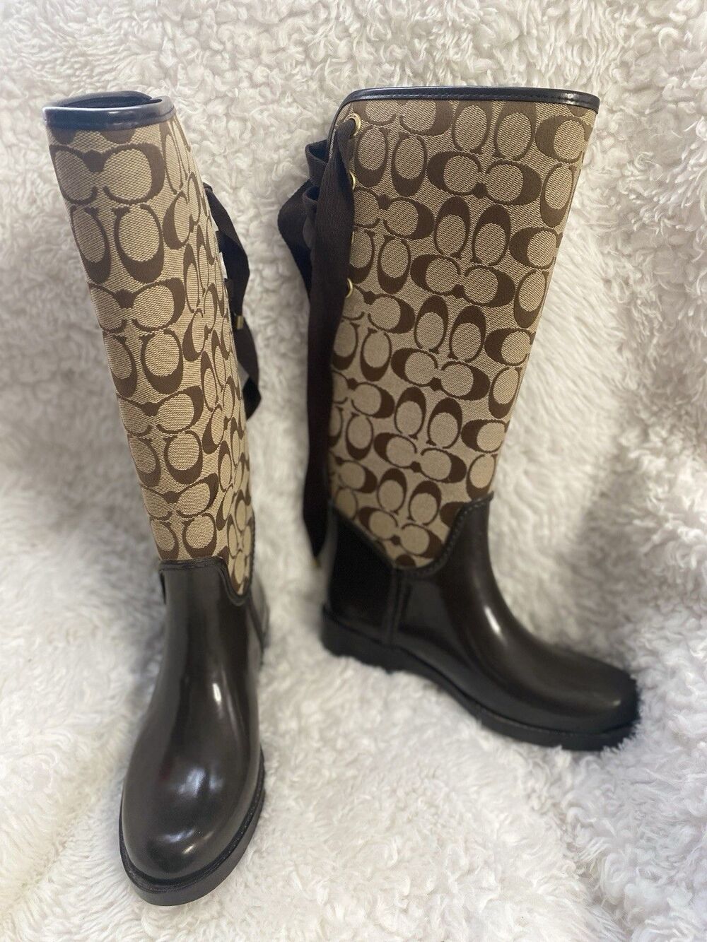COACH Tristee Tall Rain Boots Signature Monogram Riding Boot HARD TO FIND